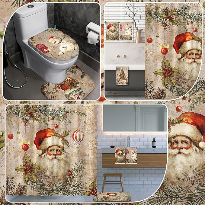 FuWeave 8 Pcs Christmas Shower Curtain Set Xmas Santa Bathroom Decoration Christmas Tree Hand Towels Snowman Toilet Lid Cover Bathroom Rugs Xmas Shower Curtain with Hooks(Santa Claus Style)