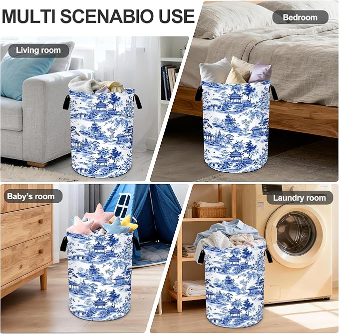 Chinoiserie Laundry Basket Storage Bin Foldable Laundry Hamper Clothes Storage Bucket Organizer 19.6x15.7 Inch For Laundry Room/Bedroom/Bathroom