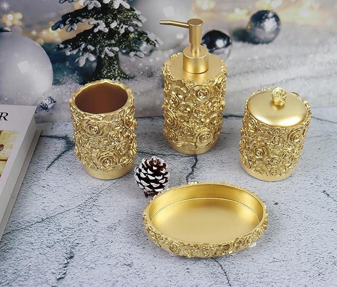 Hymmah Gold Bathroom Accessories Set,Rose Design Bathroom Set,Farmhouse Bathroom Decor,4 Pcs Resin Gift Set Apartment Necessities, Contain Cotton Swab Jar,Soap Dispenser,Soap Dish,Tumbler White