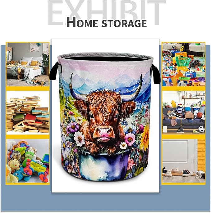 Highland Cow Laundry Basket Colorful Flowers Foldable Oxford Cloth Funny Tote Bag Laundry Hamper Clothes Storage Bucket Toy Organizer For Bathroom/Laundry Storage/Bedroom 18.9x16.5 Inch
