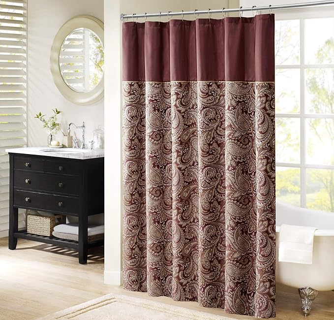 Aubrey Design Stripe Top Modern Shower Curtain, Jacquard Traditional Shower Curtains for Bathroom, 72 X 72, Burgundy