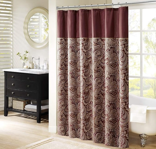 Aubrey Design Stripe Top Modern Shower Curtain, Jacquard Traditional Shower Curtains for Bathroom, 72 X 72, Burgundy