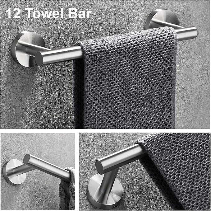 Nolimas 3-Pieces Set Brushed Nickel Bathroom Hardware SUS304 Stainless Steel Round Wall Mounted - Includes 12" Hand Towel Bar, Toilet Paper Holder, Robe Towel Hooks,Bathroom Accessories Kit