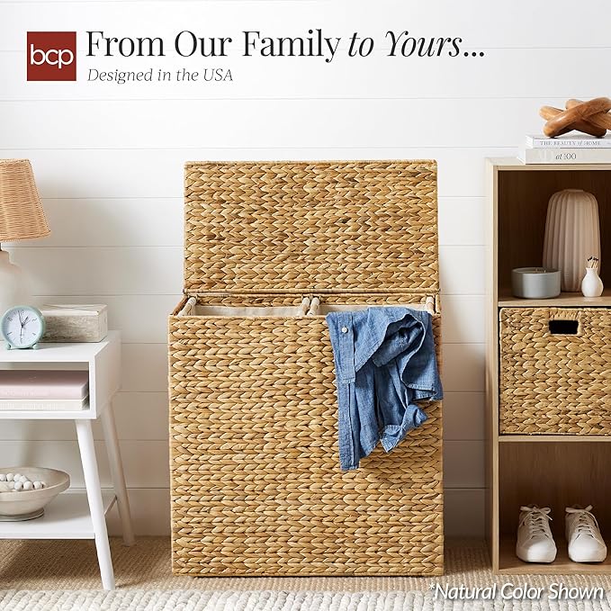 Best Choice Products Large Double Laundry Hamper with Lid, Natural Handwoven Water Hyacinth, 2 Sections w/ 2 Machine Washable Linen Liner Bags, Portable, Handles - Black