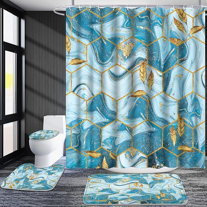 Poedist Shower Curtain Set with Rugs,Bathroom Accessory Set, Including Non-Slip Rugs,Toilet Lid Cover and Bath Mat, Waterproof Shower Curtain with 12 Hooks,Blue and White Honeycomb Marble