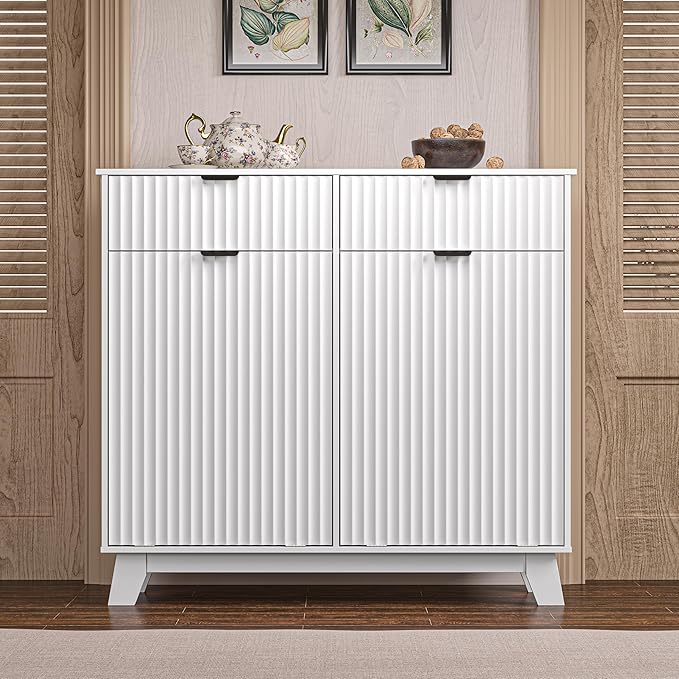 Wodeer Double Tilt Out Laundry Hamper Cabinet with 2 Drawers & Baskets, 20 Gallon Fluted Hidden Trash Can Cabinet, Farmhouse Wood Laundry Storage Cabinets for Bathroom, Kitchen, White