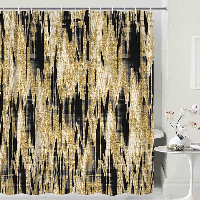 JAWO Gold Shower Curtains for Bathroom, Golden Black Glitter Sparkle Bling Waterproof Fabric Decorative Shower Curtain, Washable Luxury Elegant Fancy Glam Metallic Bath Curtain, 72X72IN