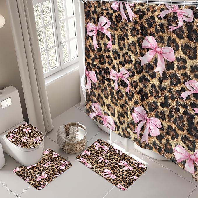 LIGHTINHOME 4 PCS Leopard Print Bow Shower Curtain Set 72Wx72H,Toilet Lid Cover,Non-Slip Rugs and U-Shaped Mat,Girly Pink Cheetah Bathroom Sets with Rugs Shower Accessories 12 Hooks for Bathroom Decor