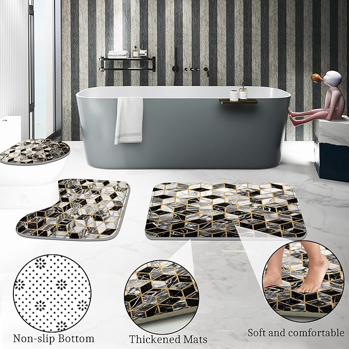 Poedist 4 Pcs Bathroom Shower Curtain Set, Honeycomb Marble Bathroom Sets with Rugs(Bath Mat,U Shape and Toilet Lid Cover Mat) and 12 Durable Hooks