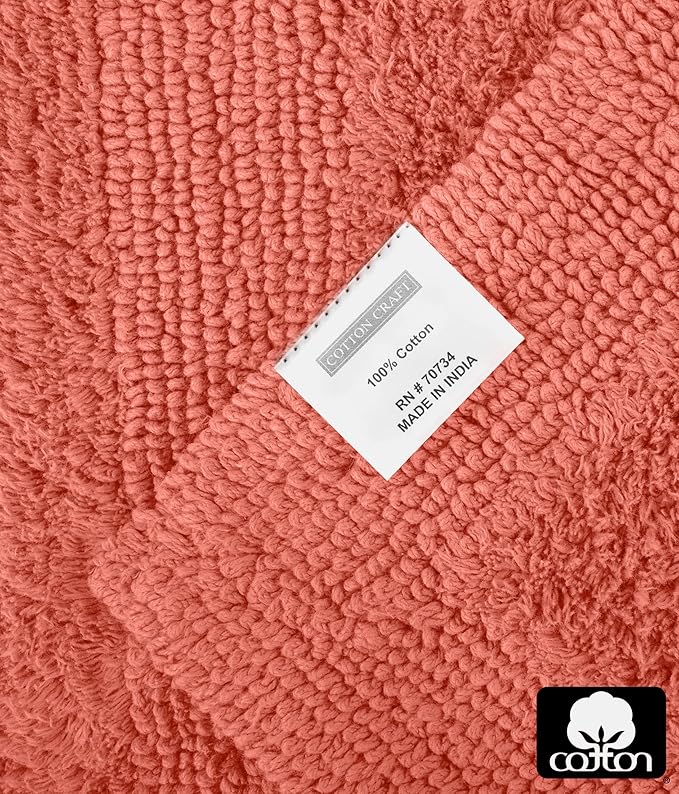 COTTON CRAFT Luxurious Bath Mat Rug - Set of 2 Reversible Heavyweight Step Out Bath Mats for Bathroom Floor, Tub and Shower - Pure Cotton Soft Plush Absorbent Tufted Racetrack Mat - 17 x 24 in - Coral