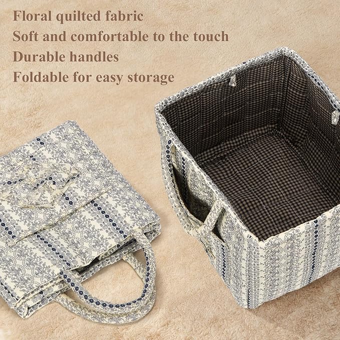 Quilted Fabric Basket Car Storage Basket Boho Floral Laundry Hamper for Nursery Bedroom & Living Room | Organize Clothes Toys