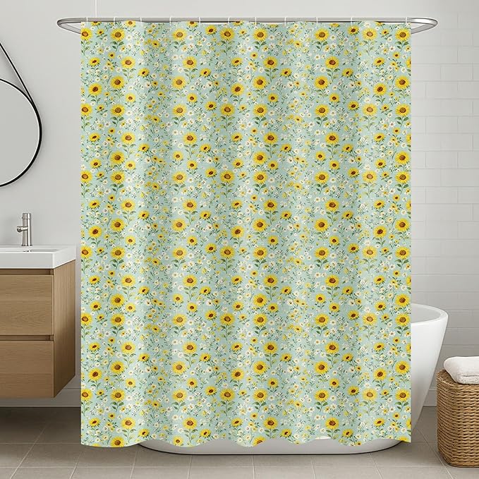 Boao Floral Shower Curtain Linen Farmhouse Cottagecore Spring Shower Curtain Boho Rustic Wildflowers Water Repellent for Bathroom Farmhouse 72" W x 72" L(Sunflower)