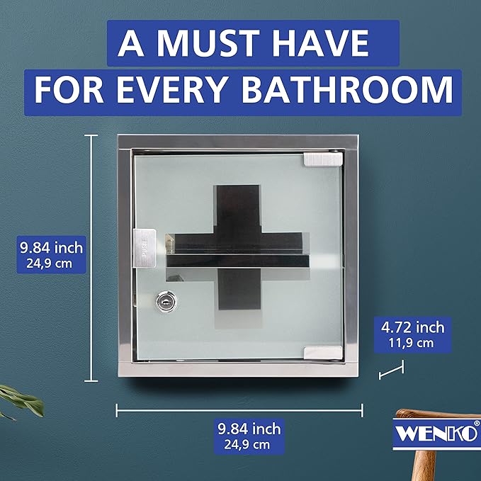 WENKO Medicine Cabinets with Lock, Wall Mounted Over The Toilet Storage Shelves, First Aid Bathroom Wall Cabinet with Safety Glass Door, Small, 9.8 x 9.8 x 4.7 in, Silver Shiny