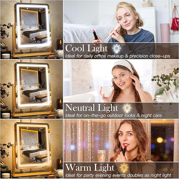 15" x13" Vanity Mirror with Lights, LED Makeup Mirror with Lights, 10X Magnification Mirror with 360°Rotation, 3 Color Modes ＆ Dimmables,Light up Makeup Mirror for Vanity Desk, Travel,Gold