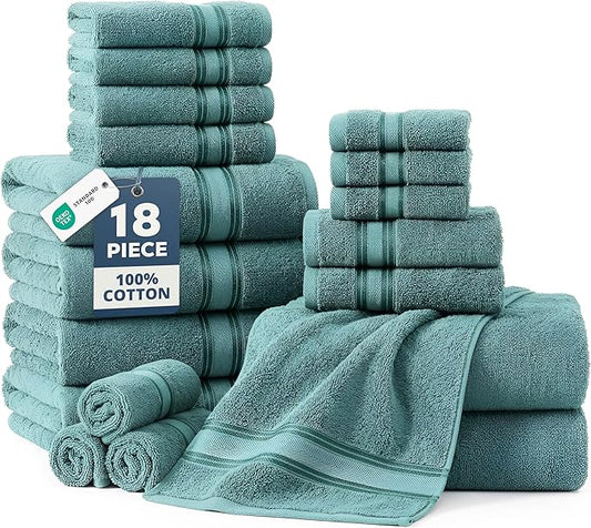 LANE LINEN 100% Cotton Bath Towel Set of 18 – 6 Bath, 6 Hand Towel & 6 Washcloths, Zero Twist, Absorbent Softness for Daily Use, Perfect for Airbnb, Spa & Hotel, Machine Washable – Teal