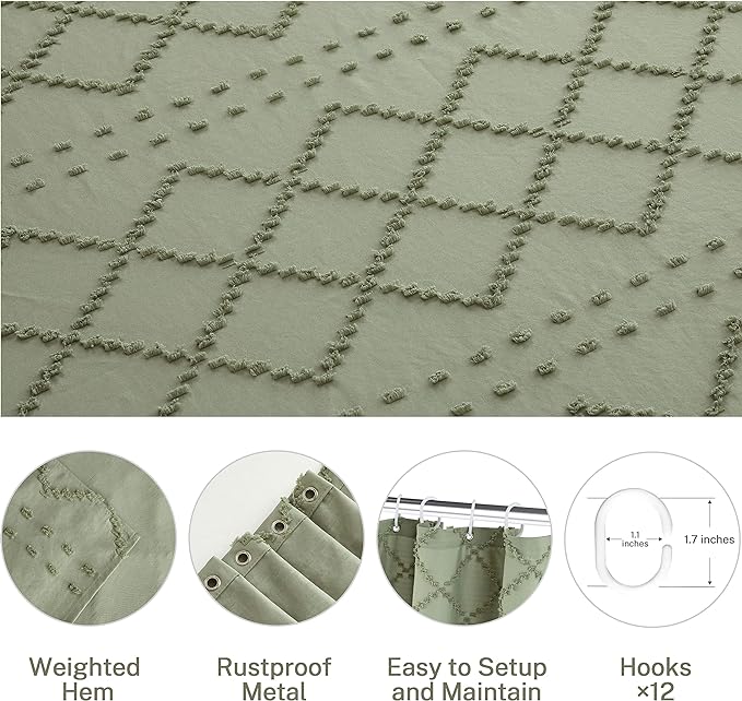 Small Stall Boho Shower Curtain - Sage Green Tassle Woven Fabric - 36 x 72 Half Size - Tufted Chevron Striped Textured Modern Farmhouse Minimalist Cloth Shower Curtain for Bathroom