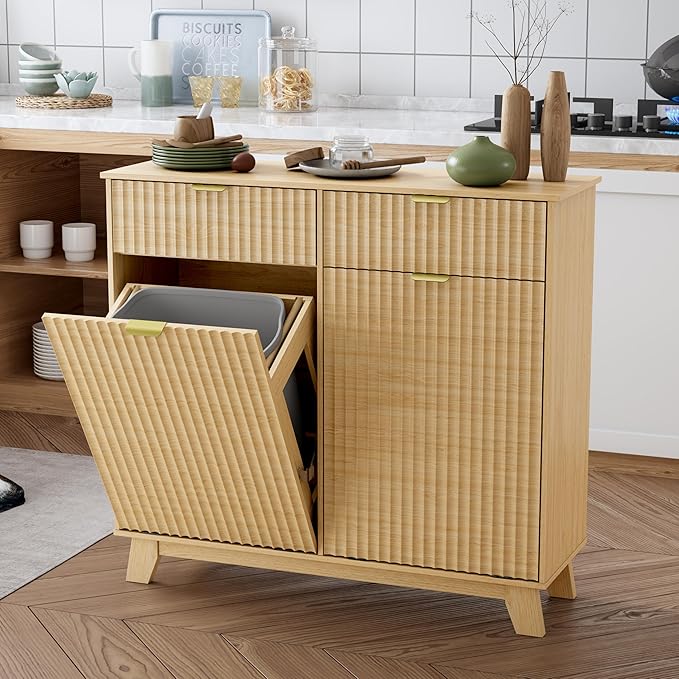 Double Tilt Out Laundry Hamper Cabinet, 20 Gallon Wooden Trash Can Cabinet with Storage Drawers, Hidden Fluted Garbage Can Holder for Kitchen, Living Room (Natural Wood, 39.34"W x 35.83"H x 13"D)