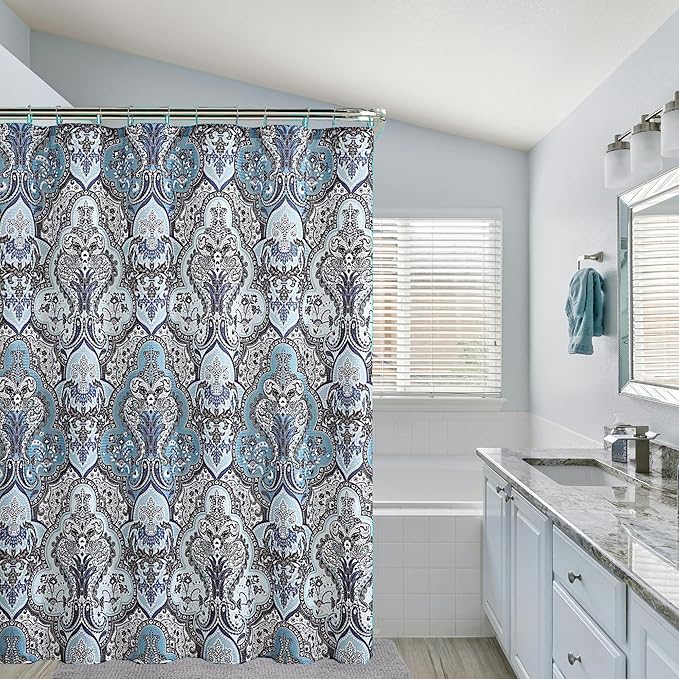 Decorative Blue & Silver Grey Gray Boho Fabric Shower Curtain, Modern Farmhouse for Vintage Rustic Bathroom Decor, Floral Victorian, 72 x 72