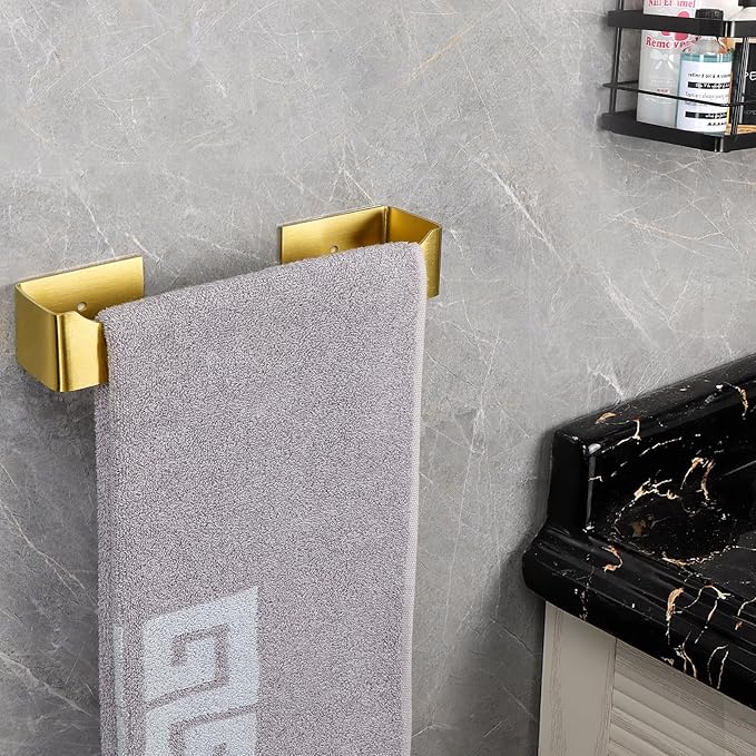 NearMoon Self Adhesive Hand Towel Holder/Towel Ring, Stainless Steel Hand Towel Bar Rustproof Stick on Wall-Towel Rack for Bathroom/Kitchen, Square Sticky and Wall Mounted (9 Inch, Brushed Gold)