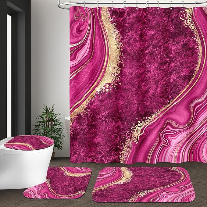 4PCS Pink Gold Marble Bathroom Sets with Shower Curtain and Rugs, Hot Pink Shower Curtain Sets with Rugs, Abstract Bathroom Curtains Shower Set with Accessories