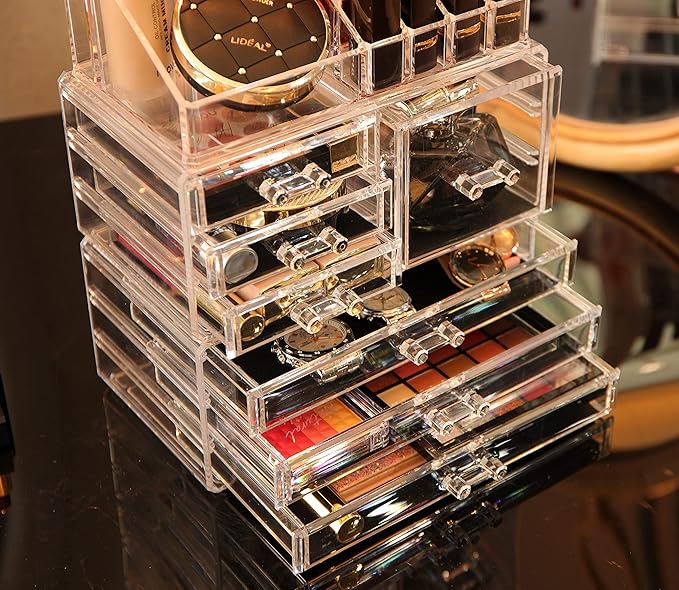 Cq acrylic 3 Pack Clear Make up Organizer Countertop,Stackable 7 Drawers Makeup Storage,Cute Vanity Organizers for dresser Hair Clip,Jewelry,Beauty Product Desk and Bathroom Organizers and Storage