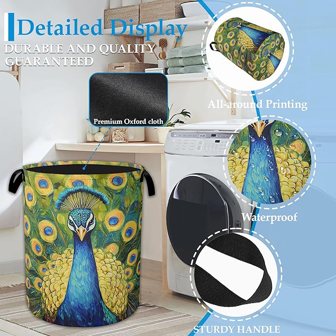 Peacock Laundry Basket Collapsible Laundry Hamper Clothes Toy Storage Bin for Bathroom Bedroom Room Decor 16" X 20.8"