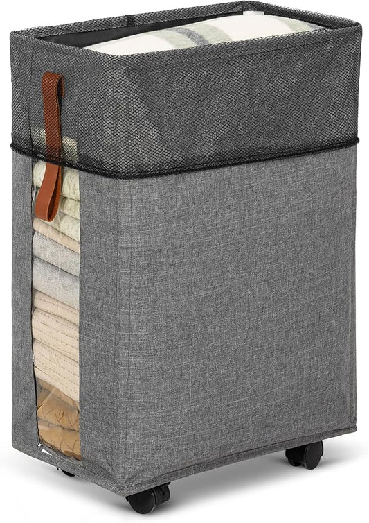 Laundry Hamper with Wheels Rolling Laundry Basket with Visible Clear Window Collapsible Dirty Clothes Hampers for Laundry Room Bedroom Dorm RV,Lightgray