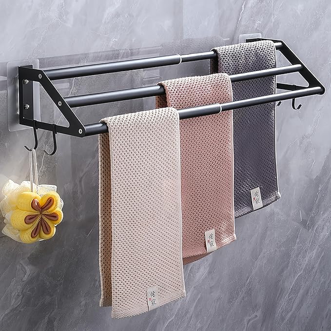 3 Bars Towel Bars Hanger Freely Retractable 11-23 Inch Stainless Steel Bath Rack Strong 3M Adhesive Bathroom Wall Free mounting Hole-Installing washroom Kitchen