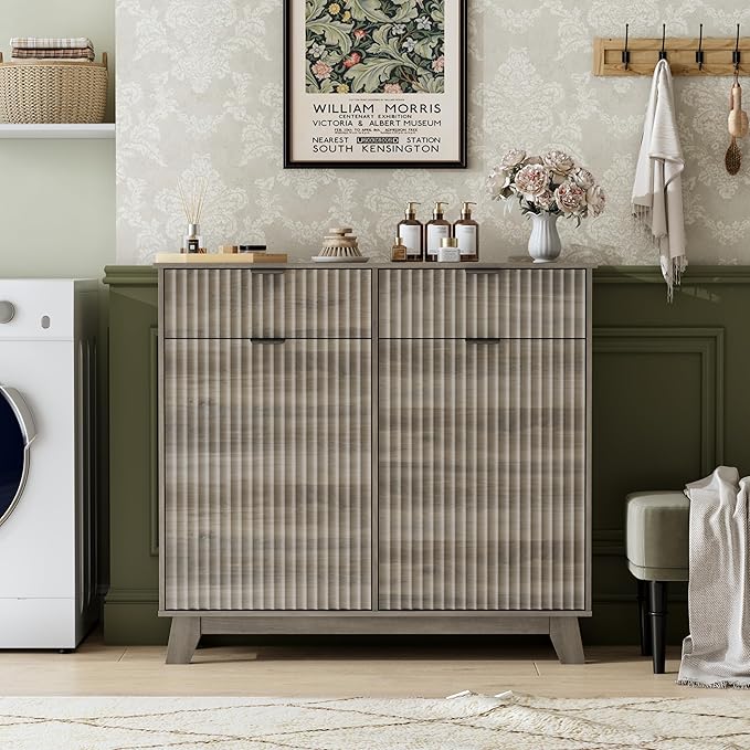 Double Tilt Out Laundry Hamper Cabinet, 20 Gallon Wooden Trash Can Cabinet with Storage Drawers, Hidden Fluted Garbage Can Holder for Kitchen, Living Room (Wood Grey, 39.34"W x 35.83"H x 13"D)