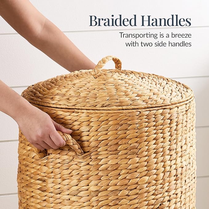 Best Choice Products Round Laundry Hamper w/Lid, Handwoven Laundry Basket, Built-in Handles & Removable Liner for Clothes, Towels, Blanket & Storage Organization - Natural