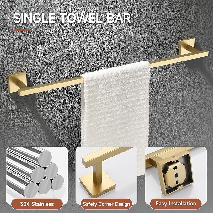 TQKAG 5-Piece Bathroom Accessories Set Brushed Gold Bathroom Hardware Set SUS304 Stainless Steel Classic Wall Mounted Towel Bar Sets 23.6" Towel Rack for Bathroom, Brushed Gold