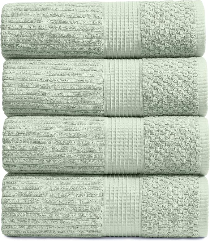 Springtree Home 100% Cotton Bath Towel Set of 4 | Super Soft & Absorbent with Quick-Dry Fibers | 4 Bath Towels | Textured and Durable Cotton | Krista Collection - Eucalyptus