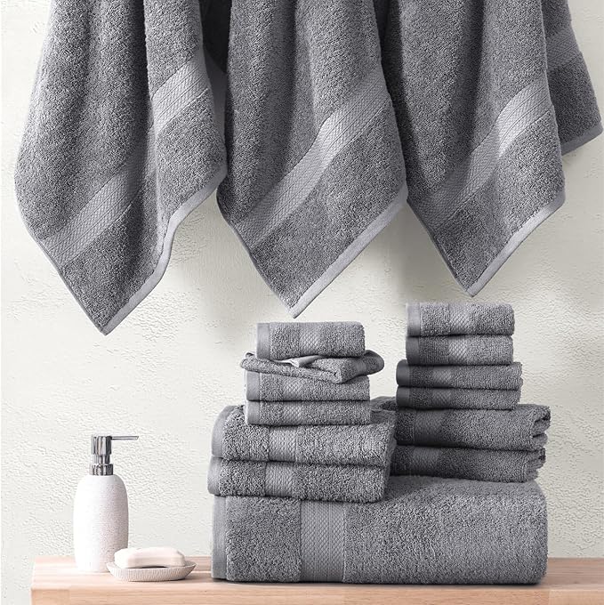 LANE LINEN 100% Cotton Luxury Bathroom Towel Set - 16 Pcs - Ring Spun, Quick Dry, Super Soft & Highly Absorbent - 4 Bath, 8 Washcloths, 4 Hand Towels - Pre Shrunk, Can be Used in Salon - Space Grey