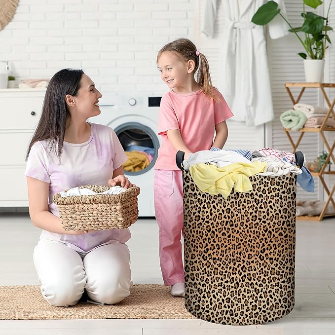 Leopard Print Laundry Basket, Collapsible Waterproof Oxford Cloth Laundry Hamper, Funny Round Kids Toys Storage Basket as Room Decor, Dirty Clothes Hamper for Bedroom Bathroom Dorm