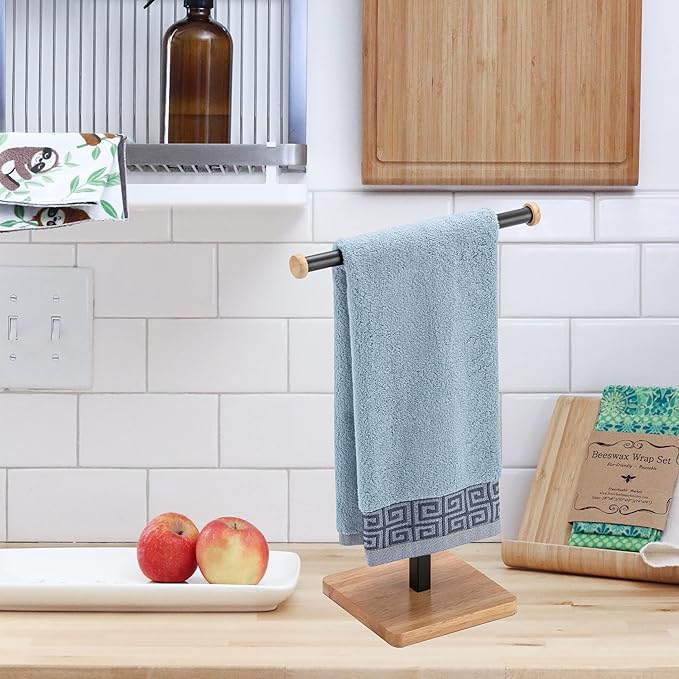 ZCDCP Hand Towel Holder Stand, T-Shape Stainless Steel Towel Rack for Bathroom Countertop with Wood Base, Black Freestanding Hand Towel Holder