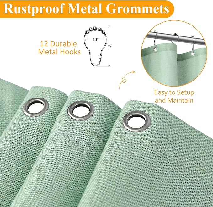 Naturoom Aqua Green Linen Shower Curtain, Country Boho Farmhouse Bath Decor Shower Curtains Neutral Cloth Weighted Textured Fabric Bath Curtain Liner with Hooks, 72x78
