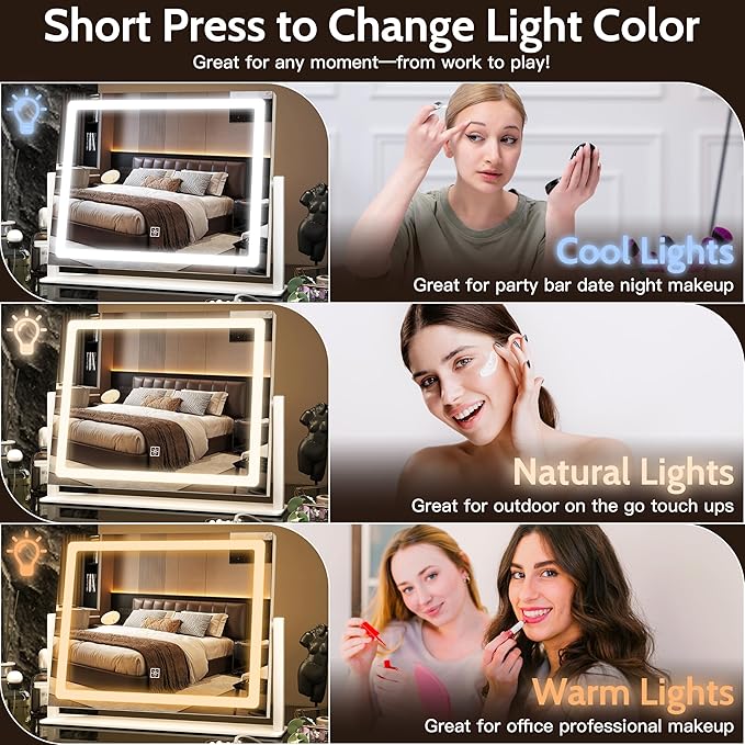 12" x16" Vanity Mirror with Lights, LED Makeup Mirror with Lights,10X Magnification Mirror with 360°Rotation, 3 Color Modes＆ Dimmable, LED Mirror for Desk, Travel, White