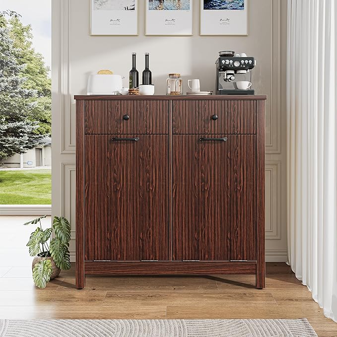 Airynee Double Tilt-Out Laundry Hamper Cabinet with 2 Drawers, 20 Gallon Fluted Trash Can Cabinet with Laundry Basket, Hidden Wood Garbage Can Bin Cabinets for Bathroom & Kitchen, Brown