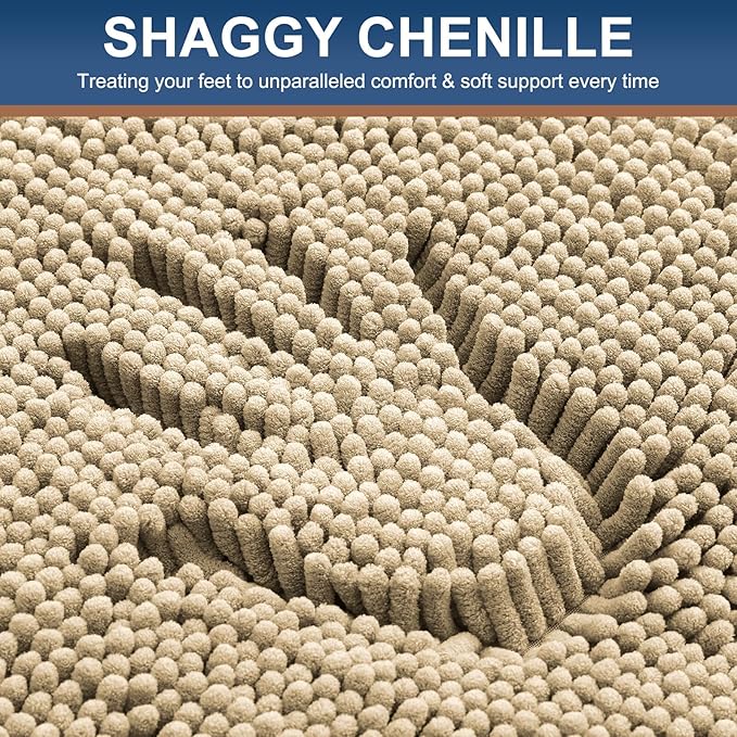 Smiry Luxury Chenille Bathroom Rugs 47x20, Extra Soft and Absorbent Shaggy Bath Mat, Machine Washable, Non-Slip Plush Carpet Runner for Tub, Shower, and Floor, Home Decor Accessories, Beige