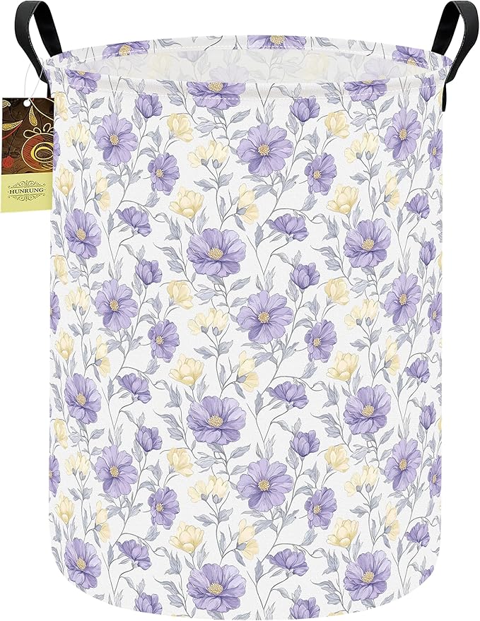 HUNRUNG Laundry Hamper,Large Canvas Fabric Lightweight Storage Basket Toy Organizer Dirty Clothes Collapsible Waterproof for College Dorms???Round-Purple Flowers???