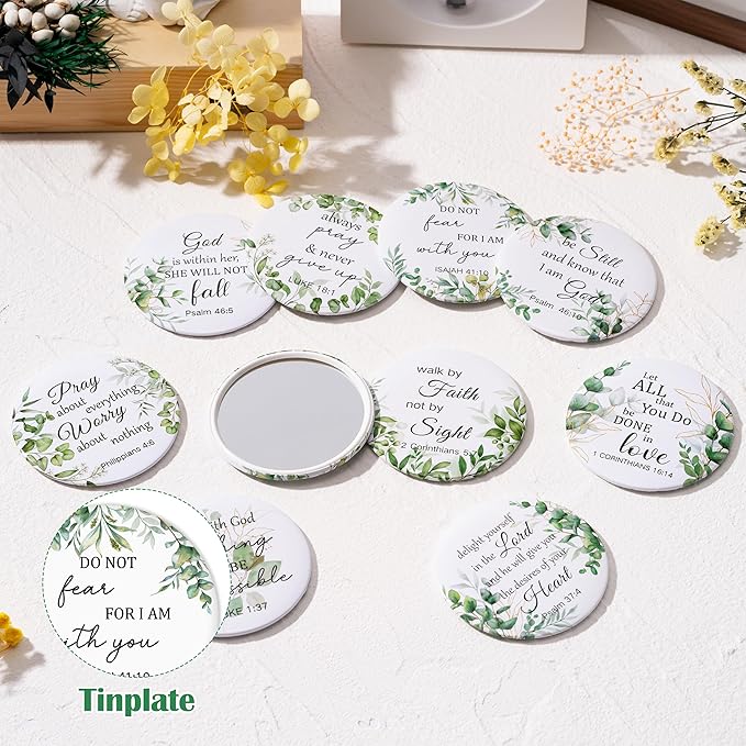 Y1tvei Leaves Bible Compact Mirrors - 36Pcs Green White Leaf Christian Gifts Bulk Bible Verse Mini Compact Mirrors Inspirational Portable Round Pocket Makeup Mirror for Women Friends Purse Church