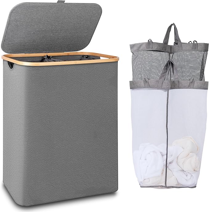 150L Laundry Hamper with Lid-Large Laundry Basket with Bamboo Handles, Grey Hampers for Laundry, Dirty Clothes Hamper with 2 Removable Inner Bags for Clothes Toys Towels