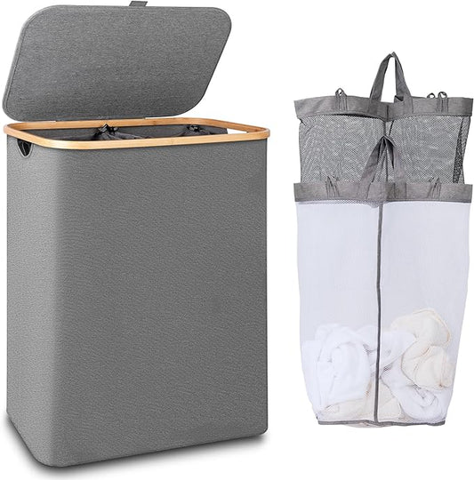 150L Laundry Hamper with Lid-Large Laundry Basket with Bamboo Handles, Grey Hampers for Laundry, Dirty Clothes Hamper with 2 Removable Inner Bags for Clothes Toys Towels