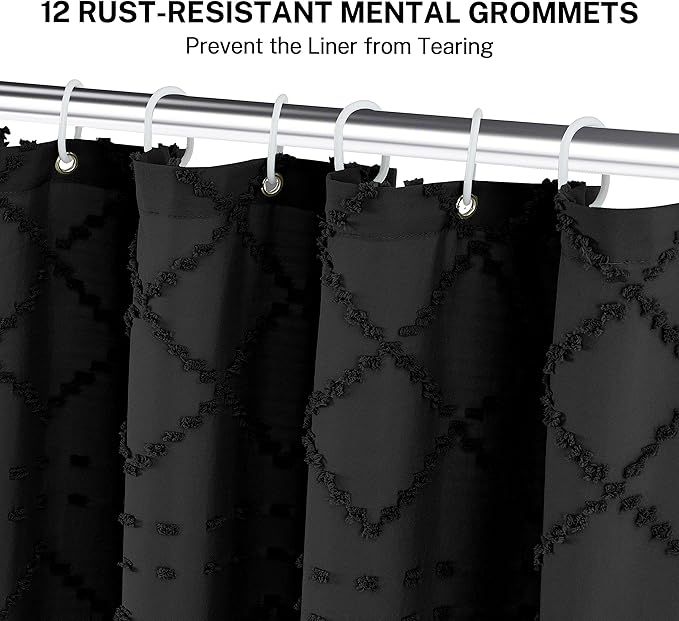Extra Long Boho Black Shower Curtain with Tassels, 72 x 96, Tufted Chevron Striped Chenille Woven Fabric Cloth Shower Curtain Modern Farmhouse Minimalist, Shabby Chic Textured for Bathroom