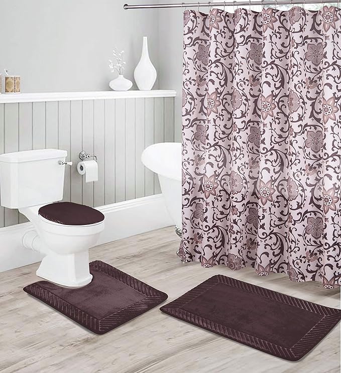 Luxury Home Collection 16 Piece Embossed Memory Foam Non-Slip Bathroom Rug Set Includes Bath Rug Mat, Contour Mat, Toilet Lid Cover, Shower Curtain, and 12 Metal Roller Hooks (Coffee/Chocolate)
