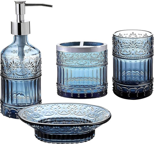 4-Piece Bathroom Accessories Set - Blue Glass Decor Set - WHOLE HOUSEWARES Soap Dispenser, Toothbrush Holder, Vanity Tray and Jar - Elegant Boho Bathroom Countertop Organizer