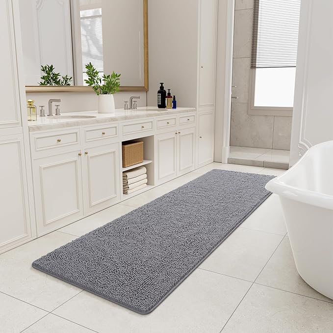LOCHAS Luxury Bathroom Rug Shaggy Bath Mat 24 x 80 Inch, Washable Non Slip Bath Rugs for Bathroom Shower, Soft Plush Chenille Absorbent Carpets Mats, Grey