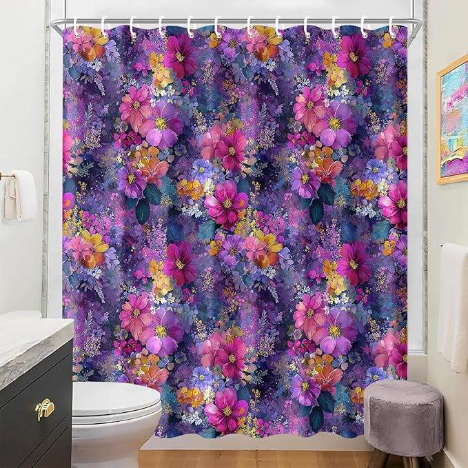 Floral Shower Curtain 72x72 Inch Fabric Bathroom Curtain Purple Flower Print for Boho Bathroom Decor