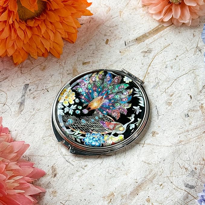 Portable Makeup Compact Double Magnifying Mirror Cosmestic Foldable Pocket Style Unique Mother of Pearl Design (Peacock)