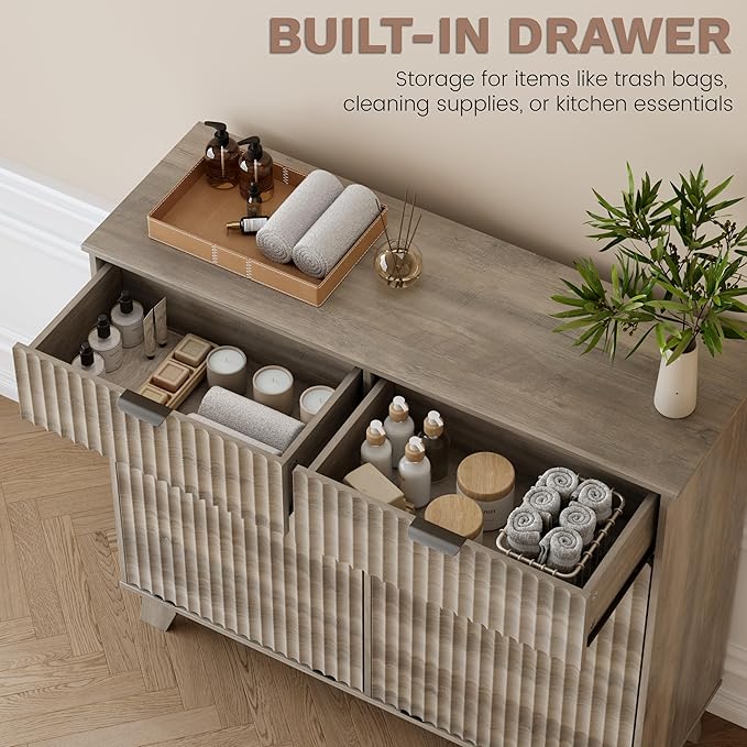 Double Tilt Out Laundry Hamper Cabinet, 20 Gallon Wooden Trash Can Cabinet with Storage Drawers, Hidden Fluted Garbage Can Holder for Kitchen, Living Room (Wood Grey, 39.34"W x 35.83"H x 13"D)